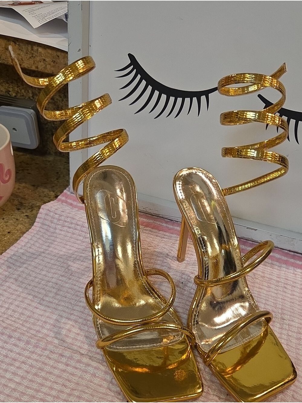Gold Spiral Strap High Heel Sandals - Women's Metallic Stilettos 5 In Size 40